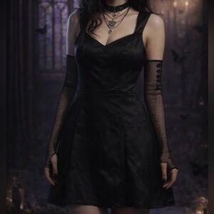 Gothic Black Mini Satin Corset Back Dress with Sweetheart Neckline